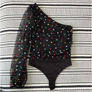 Camila Coelho Black Polka Dot One Shoulder Long Sleeve Bodysuit